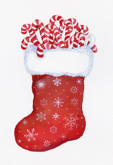 Watercolor painting of a stocking filled with candy canes