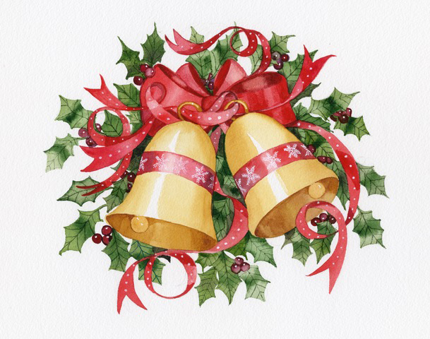 Watercolor painting of golden Christmas bells