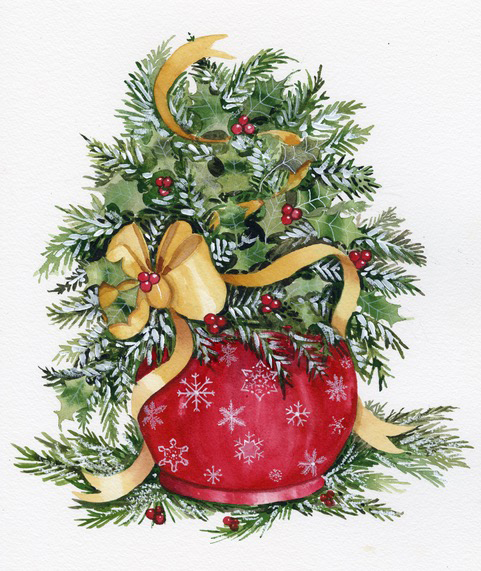 Watercolor painting of Christmas stocking filled with greenery