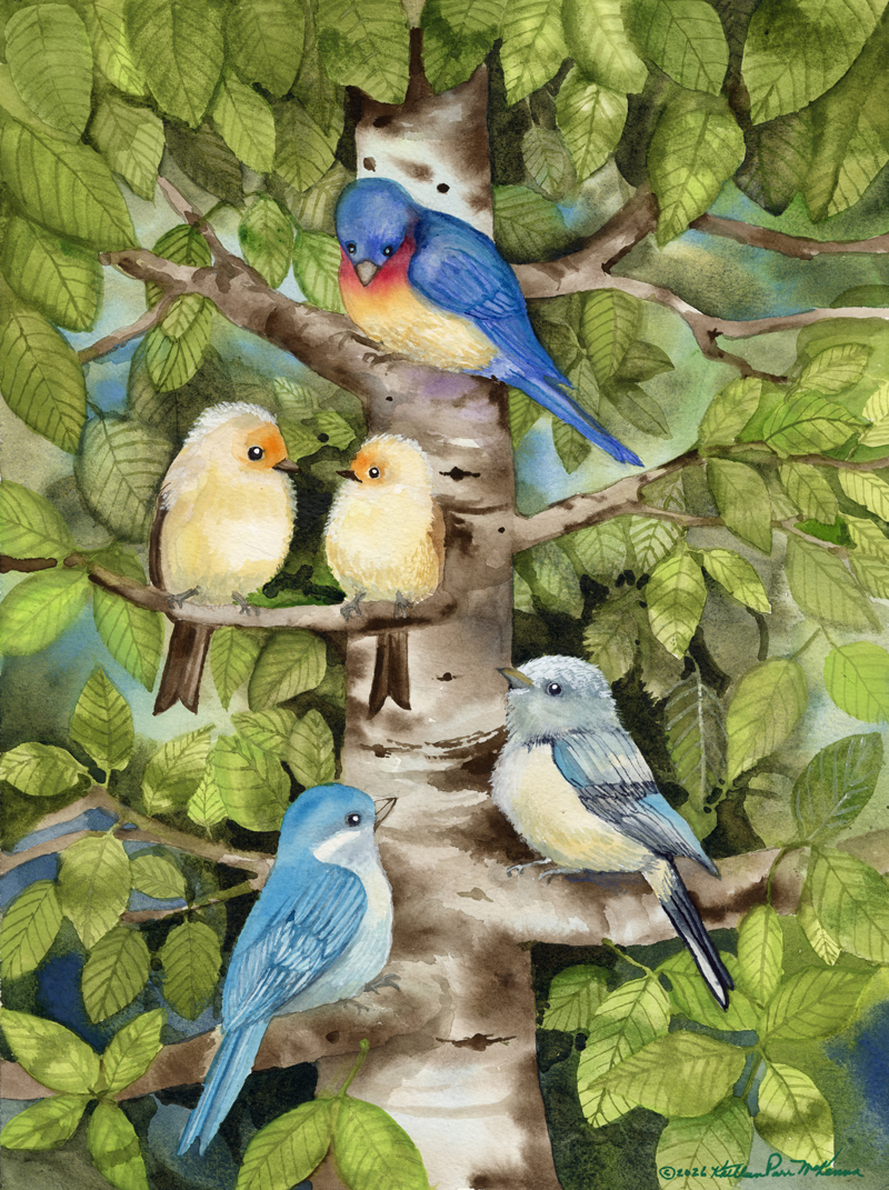 Watercolor painting of blue and yellow birds in a tree
